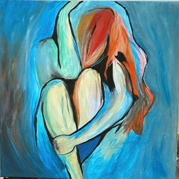 Ein Gemälde das in der Ausstellung zu sehen sein wird zeigt eine nackte Frau die zusammengekauert vor einem blauen Hintergrund sitzt.